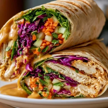 Thai Peanut Chicken Wrap filled with fresh vegetables and creamy peanut sauce