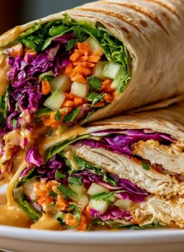 Thai Peanut Chicken Wrap filled with fresh vegetables and creamy peanut sauce