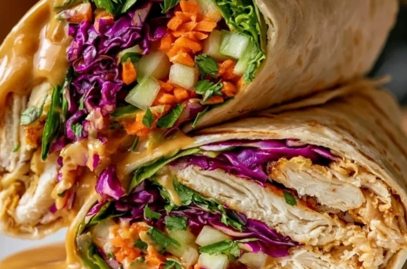 Thai Peanut Chicken Wrap filled with fresh vegetables and creamy peanut sauce