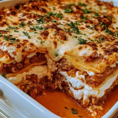 Delicious homemade lasagna layered with cheese and meat in a baking dish