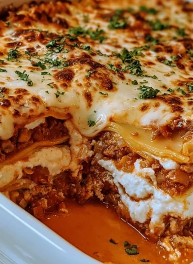 Delicious homemade lasagna layered with cheese and meat in a baking dish