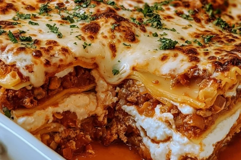 Delicious homemade lasagna layered with cheese and meat in a baking dish