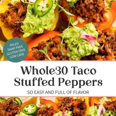 Whole30 taco stuffed peppers filled with seasoned meat and vegetables