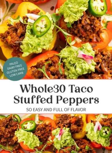 Whole30 taco stuffed peppers filled with seasoned meat and vegetables