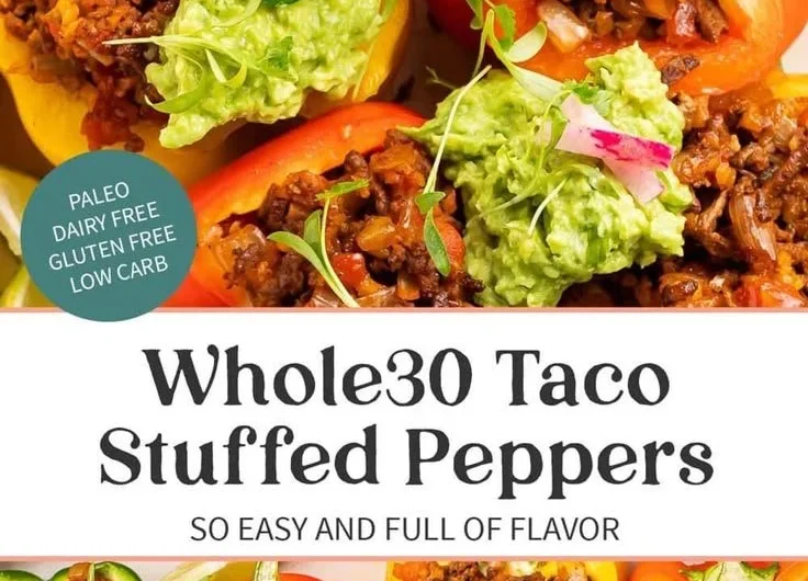 Whole30 taco stuffed peppers filled with seasoned meat and vegetables
