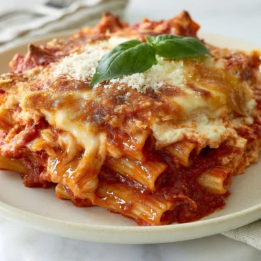 Delicious baked ziti with ricotta cheese topped with melted mozzarella