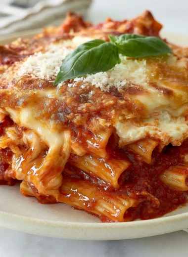 Delicious baked ziti with ricotta cheese topped with melted mozzarella
