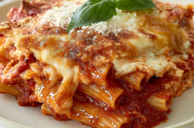 Delicious baked ziti with ricotta cheese, baked and served in a dish