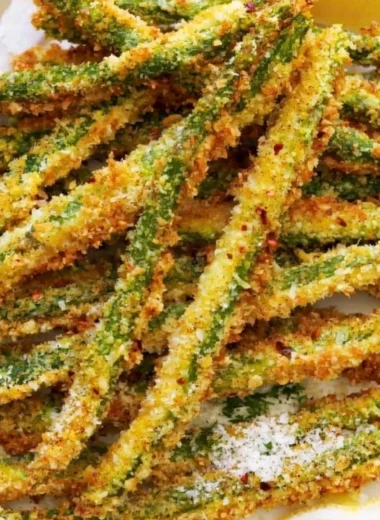 Crispy breaded air fryer asparagus on a plate.