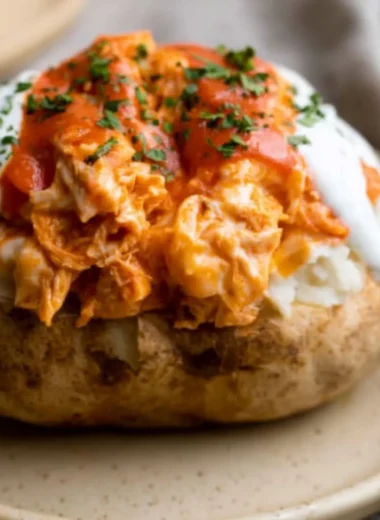 Buffalo chicken twice baked potatoes topped with cheese and green onions