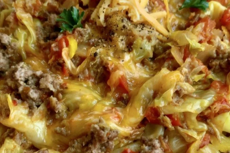 Cabbage Roll Skillet with savory filling and topped with cheese, served on a plate.