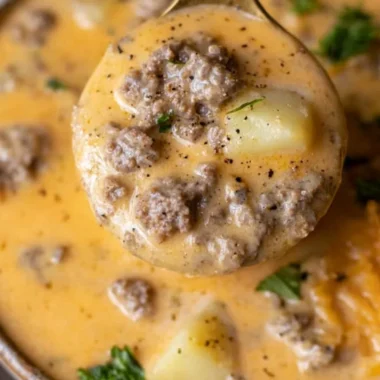 Bowl of cheesy beef and potato soup garnished with herbs