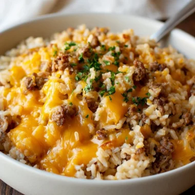 Cheesy beef and rice casserole baked to perfection in a casserole dish.