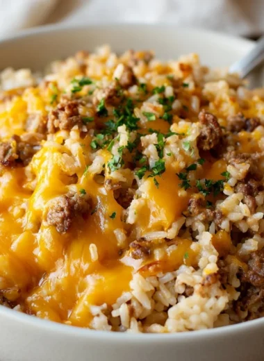 Cheesy beef and rice casserole baked to perfection in a casserole dish.