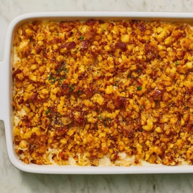 Delicious Chicken and Stuffing Casserole dish served hot