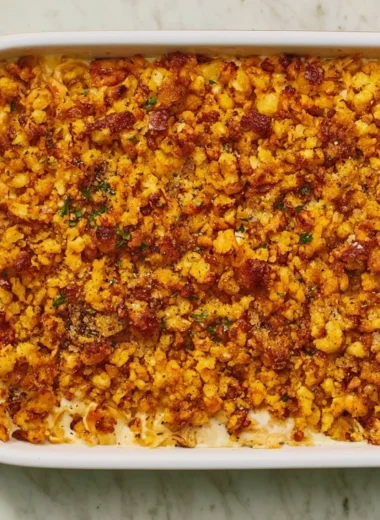 Delicious Chicken and Stuffing Casserole dish served hot