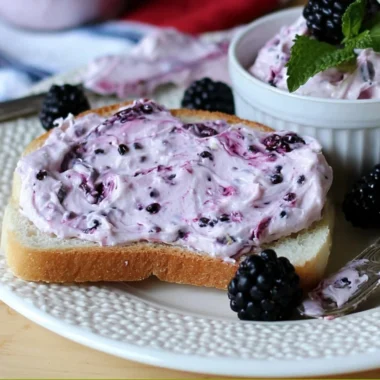 Cozy blackberry cream cheese spread on a slice of bread
