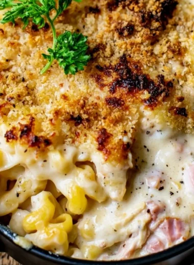 Cozy Chicken Cordon Bleu Casserole served in a baking dish with melted cheese.