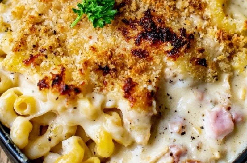 Cozy Chicken Cordon Bleu Casserole served in a baking dish with melted cheese.