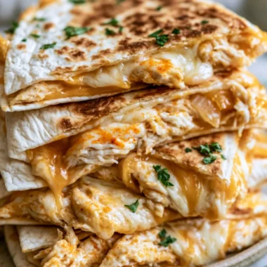 Delicious cozy chicken quesadillas decorated with fresh ingredients.
