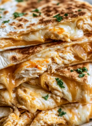 Delicious cozy chicken quesadillas decorated with fresh ingredients.