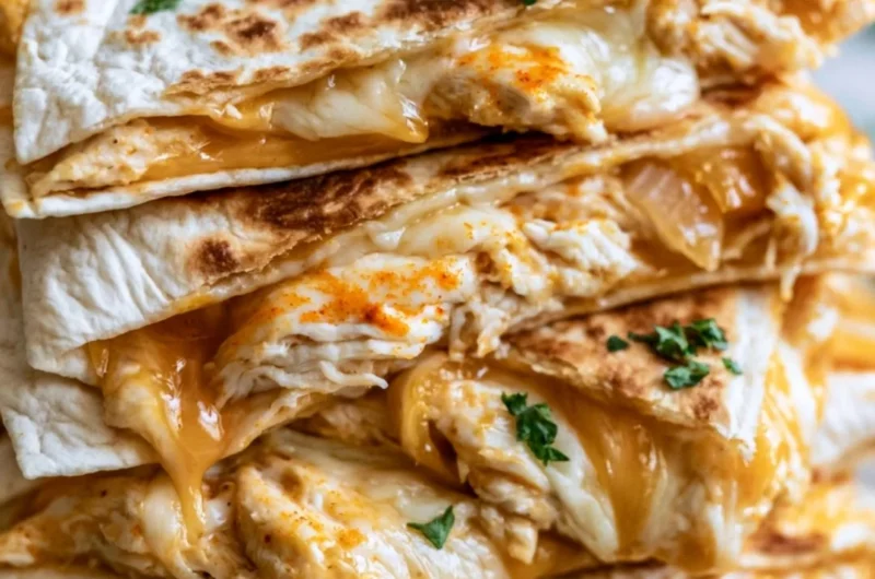 Delicious cozy chicken quesadillas decorated with fresh ingredients.