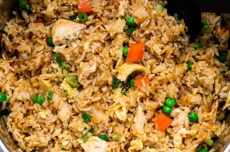 Delicious cozy Instant Pot chicken fried rice served in a bowl with vegetables.
