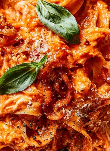 Cozy Italian Tagliatelle with pancetta, basil, and melted mozzarella cheese