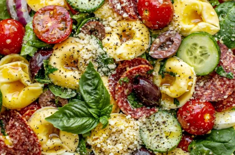 Cozy tortellini pasta salad with fresh vegetables and dressing