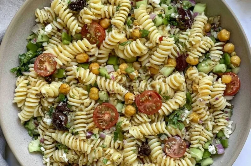 Cozy Vegan Greek Pasta Salad with fresh veggies and herbs in a bowl