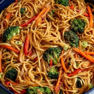 Cozy vegetable lo mein with colorful vegetables in a savory sauce