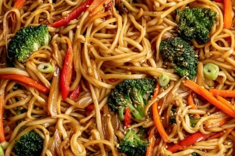 Cozy vegetable lo mein with colorful vegetables in a savory sauce