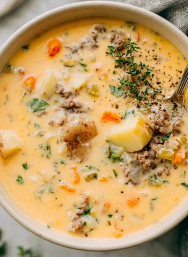 Bowl of Legendary Sausage Potato Soup with sausage, potatoes, and herbs.