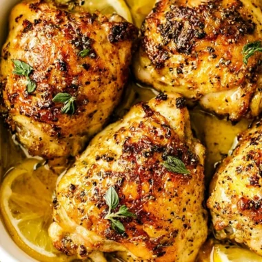 Delicious lemon chicken dish garnished with herbs on a plate