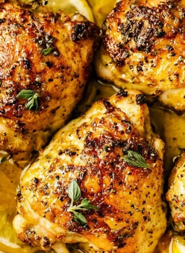 Delicious lemon chicken dish garnished with herbs on a plate