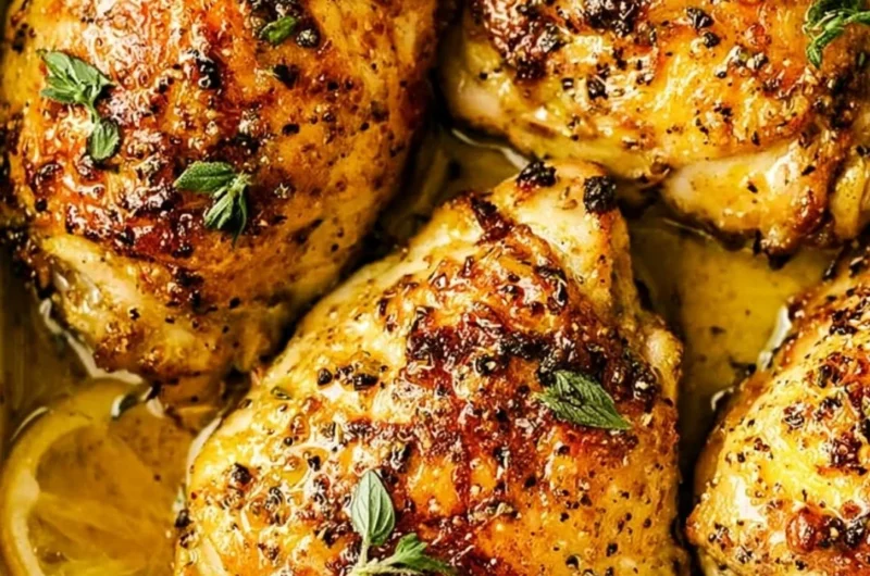 Delicious lemon chicken dish garnished with herbs on a plate