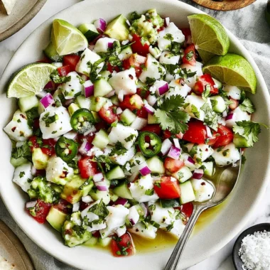 A colorful plate of Mexican Ceviche made with fresh fish and vegetables.