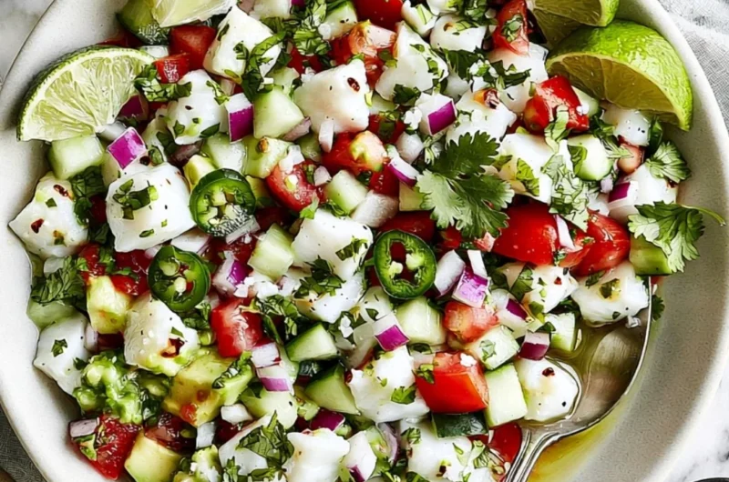 A colorful plate of Mexican Ceviche made with fresh fish and vegetables.