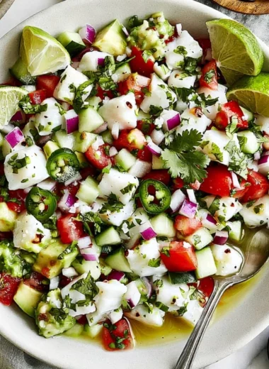 Bowl of fresh Mexican ceviche with vibrant ingredients and lime