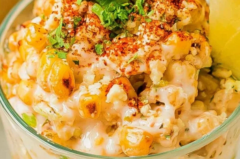 Delicious Mexican corn in a cup (esquites) with toppings
