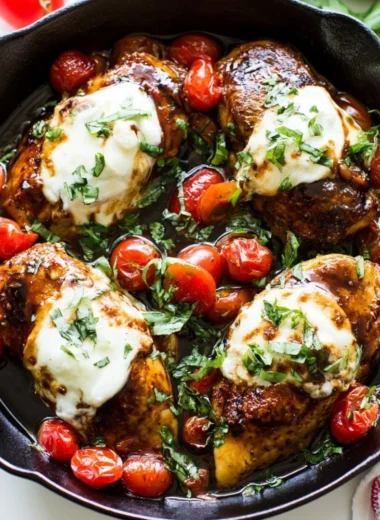One-Pan Balsamic Chicken served with vegetables in a restaurant-style presentation