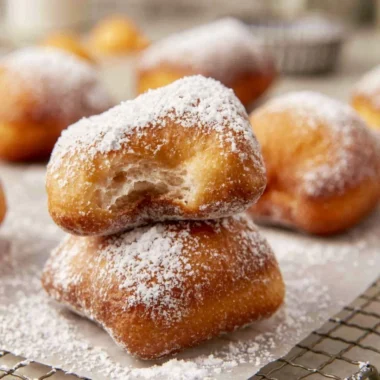 Delicious homemade sourdough beignets dusted with powdered sugar.