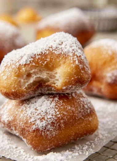Delicious homemade sourdough beignets dusted with powdered sugar.