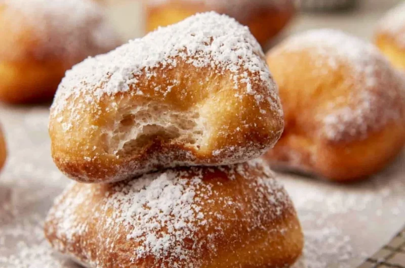 Delicious homemade sourdough beignets dusted with powdered sugar.