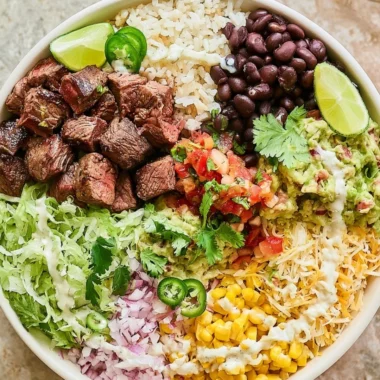 Steak burrito bowl with fresh ingredients and flavors, inspired by Chipotle.