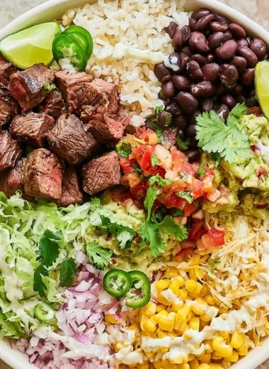 Steak burrito bowl with fresh ingredients and flavors, inspired by Chipotle.