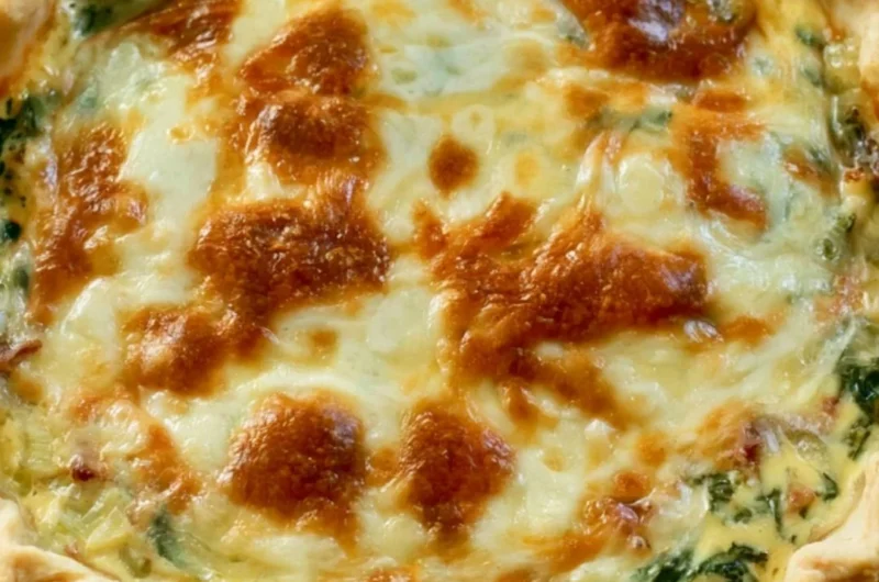Cozy bacon spinach quiche slice on a plate, garnished with herbs.