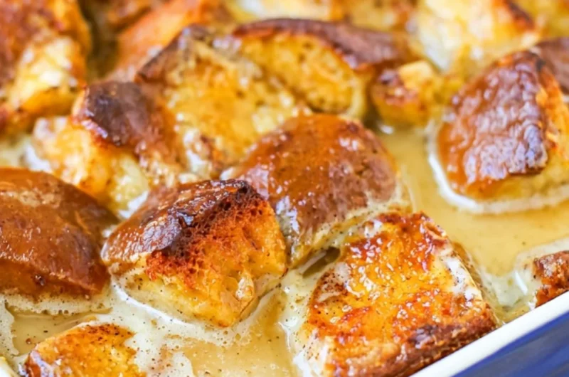 Delicious homemade bread pudding served warm with a drizzle of caramel sauce.