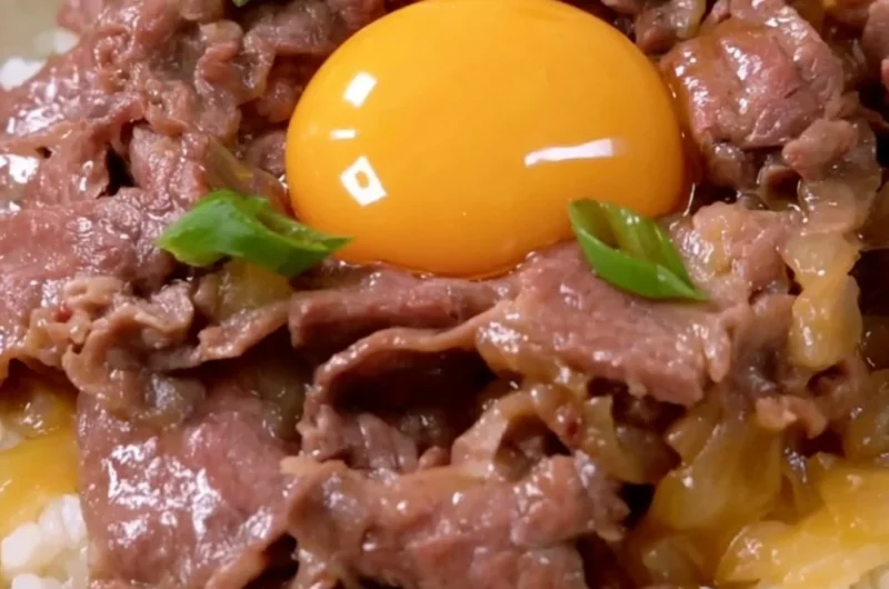 Delicious gyudon Japanese beef bowl served with rice and garnishes