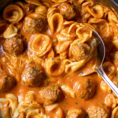 One Pot Meatball Pasta dish with savory meatballs and pasta
